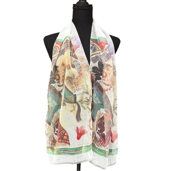Vintage Accessories - Vintage Greece Santorini Fresco Print Sheer Skinny Scarf